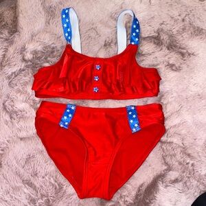 Cat & Jack Small (6/6X) red white blue ruffle top stars 2-piece bikini swimsuit‌
